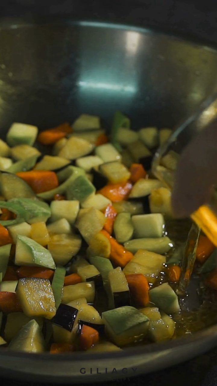 High-speed frame of vegetables in a pan